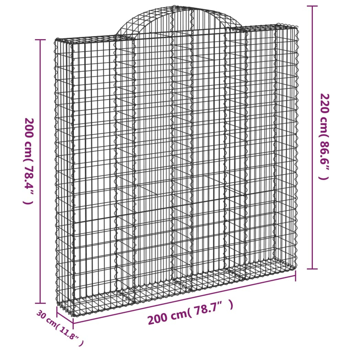 Metall-Gabione mit Abmessungen. Es hat eine rechteckige Form mit einem Bogen oben.