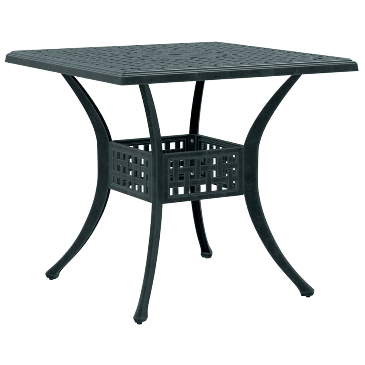 Schwarzer Metalltisch mit quadratischer Platte und korbartigem Design darunter.