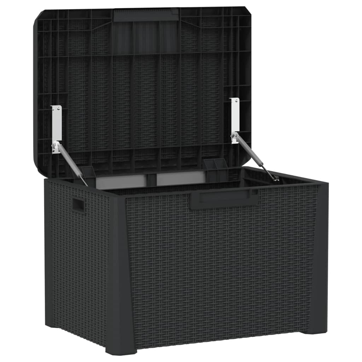 Schwarze Outdoor-Aufbewahrungsbox mit offenem Deckel, aus gewebtem Kunststoff.