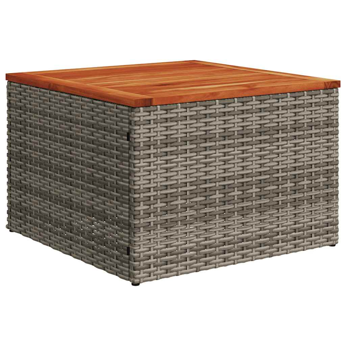 Ein quadratischer, grauer Couchtisch im Wicker-Stil mit Holzplatte.