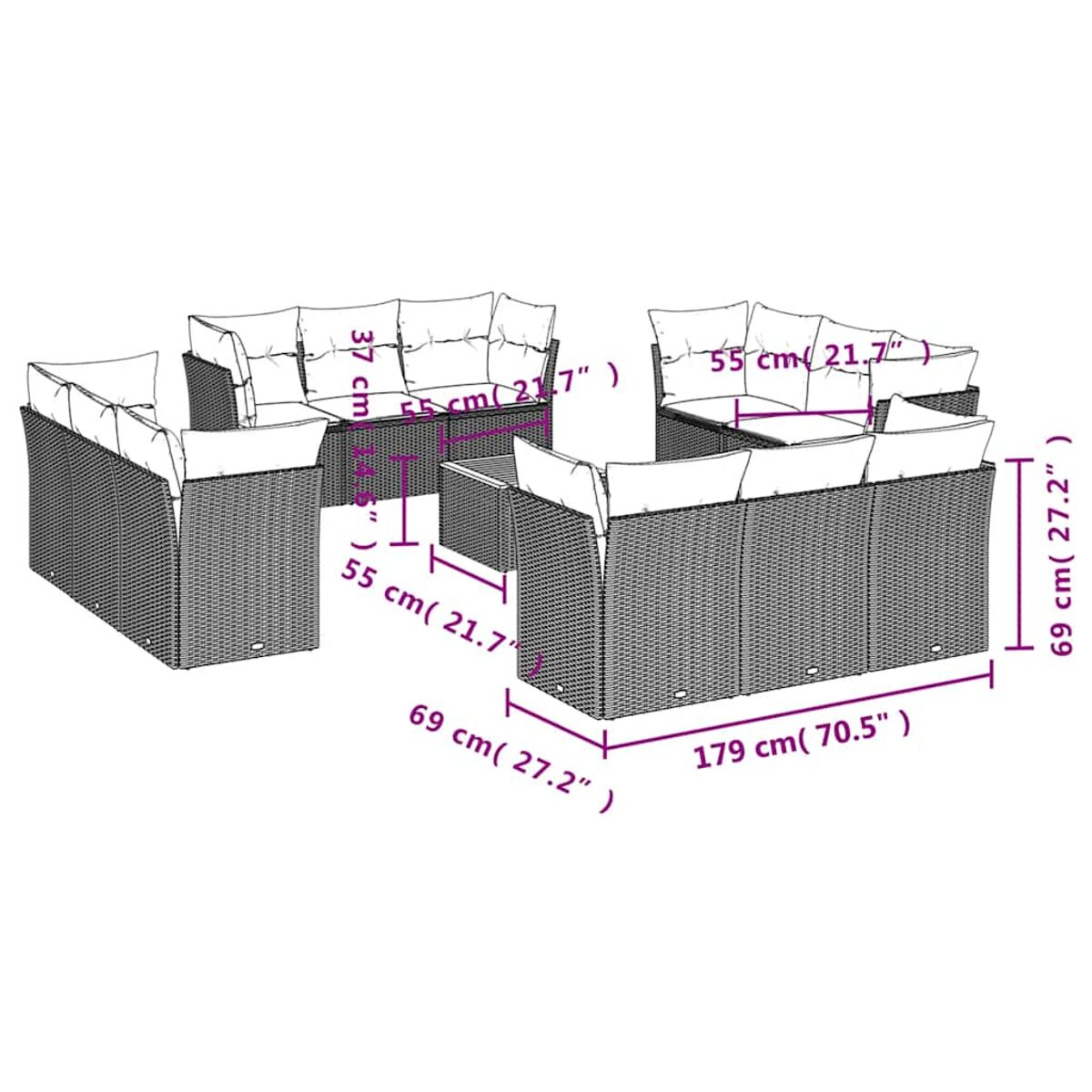 Set di mobili da esterno in vimini con cuscini. Le dimensioni sono indicate.