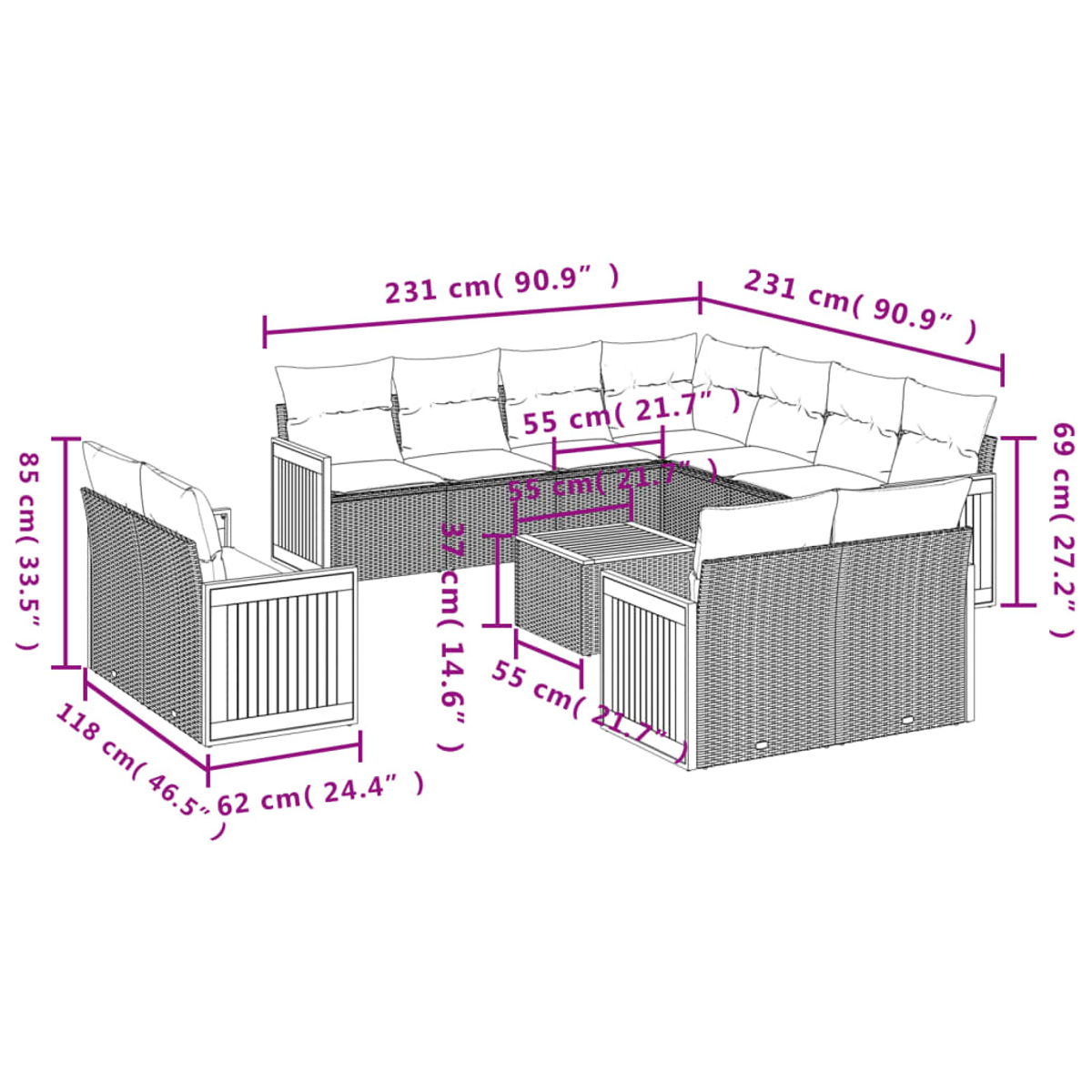 Ein Outdoor-Sofaset mit Abmessungen, aus grauem Rattan mit grauen Kissen. Enthält einen Tisch.