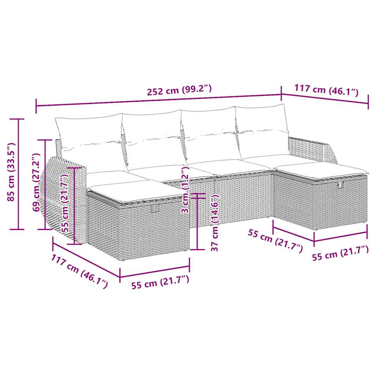 Uno sfondo bianco mostra un diagramma di un divano componibile con dimensioni in centimetri e pollici.