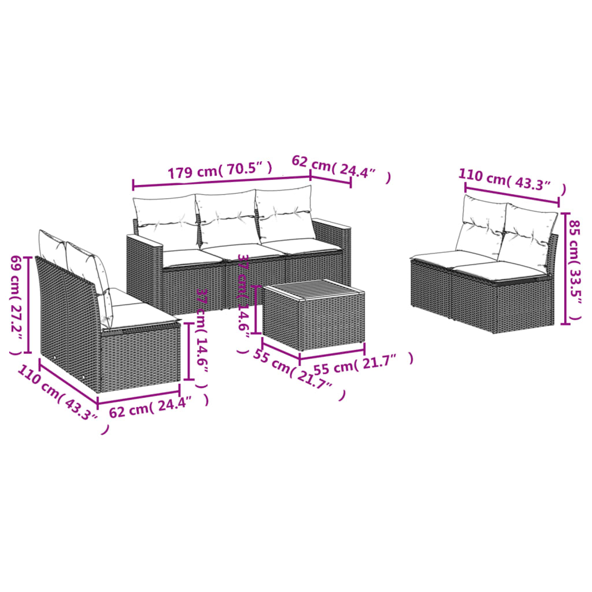 Ein Diagramm eines Ecksofas und eines separaten Stuhls mit Abmessungen in Zentimetern und Zoll.
