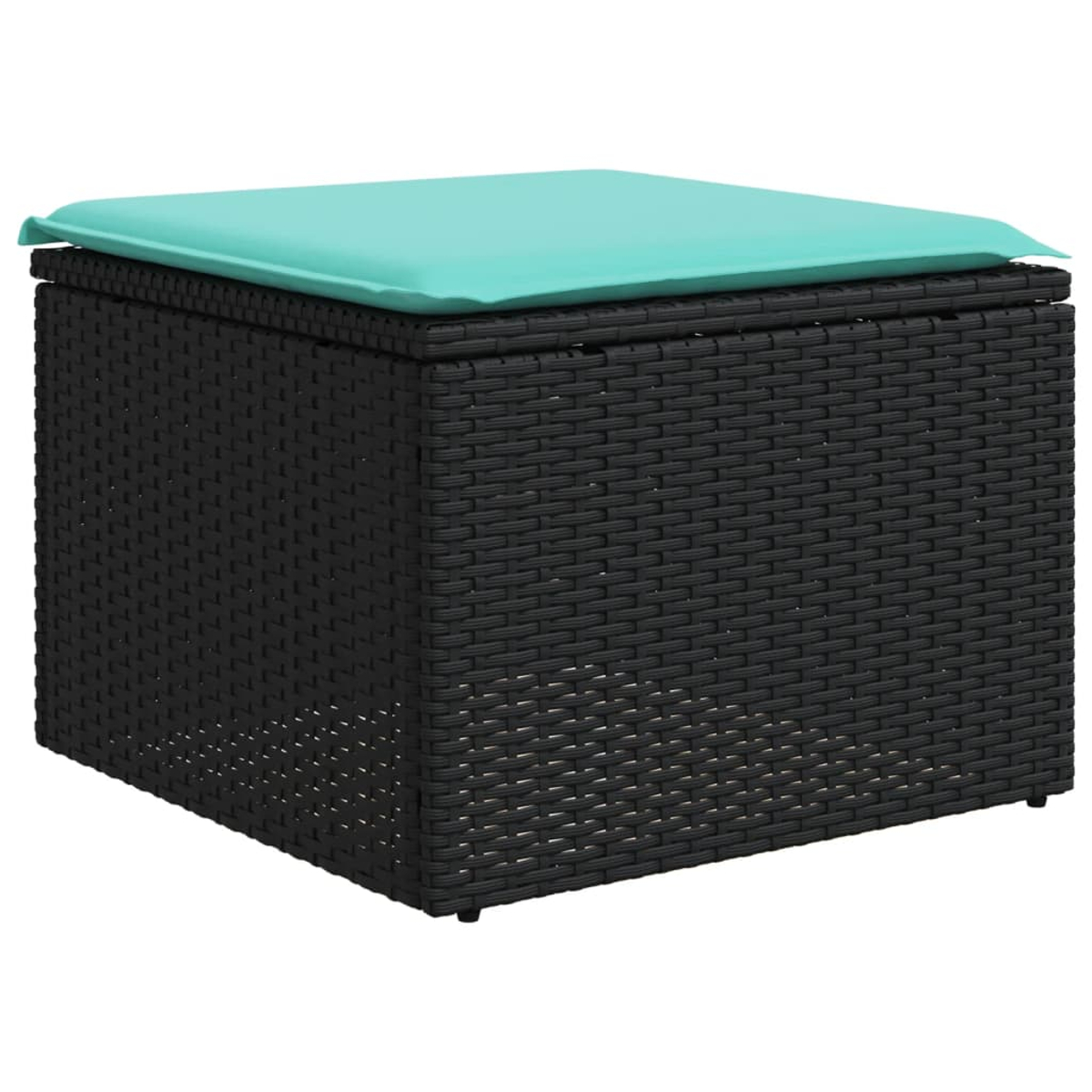 Pouf contenitore da esterno nero intrecciato con cuscino turchese sopra.