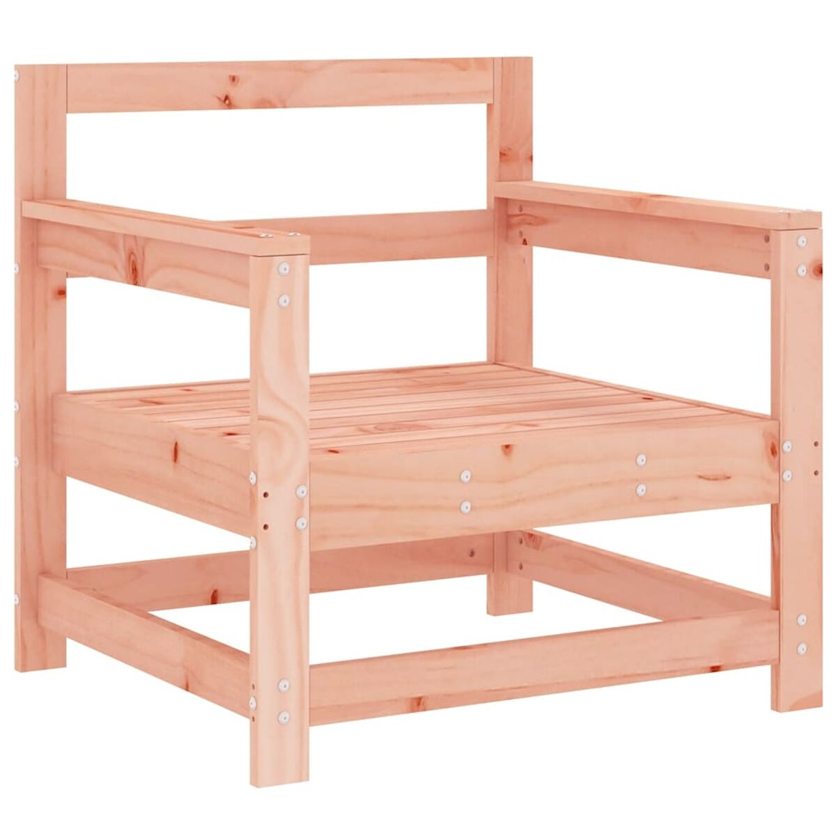 Holzsessel in heller Farbe, mit Armlehnen und Lattenrost.