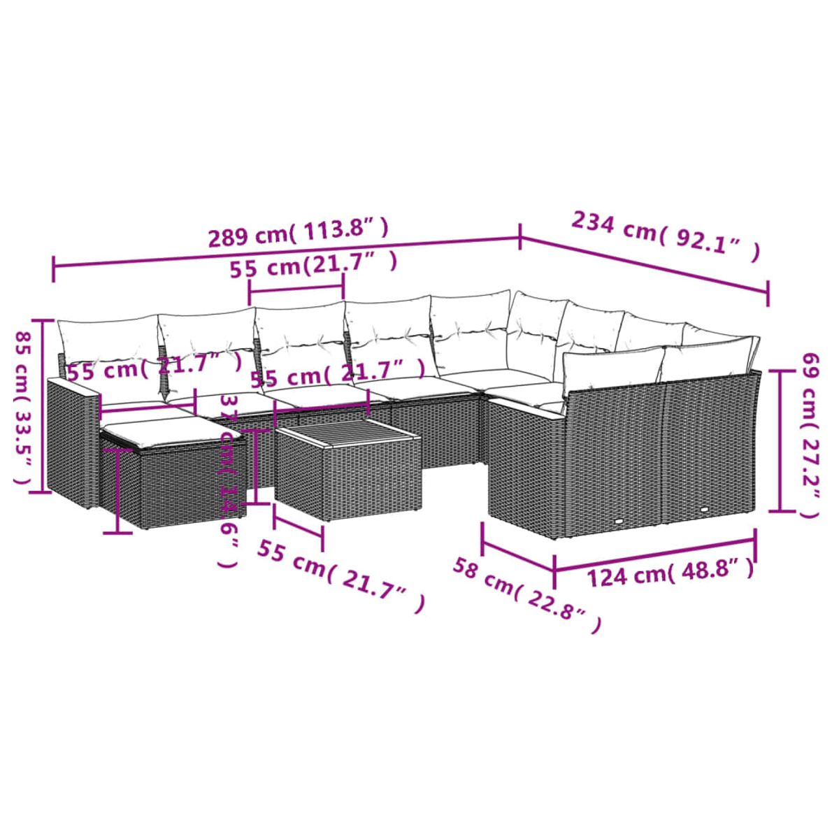 Diagramm eines Outdoor-Ecksofas mit Abmessungen in Zentimetern und Zoll.