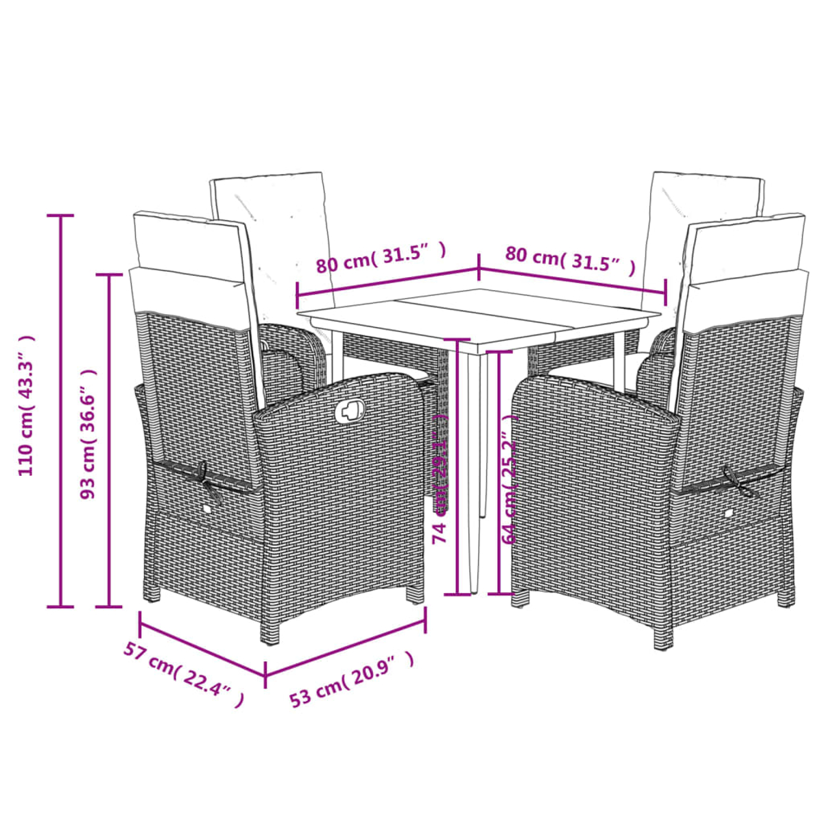 Rattan-Essgruppe für den Außenbereich mit rechteckigem Tisch und vier Stühlen. Abmessungen sind enthalten.