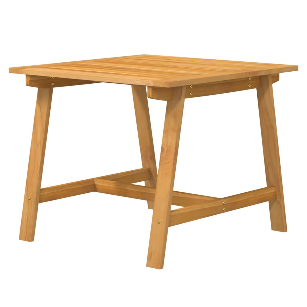 Quadratischer Holztisch mit Lattenrost. Die Beine sind abgewinkelt und aus Holz gefertigt.