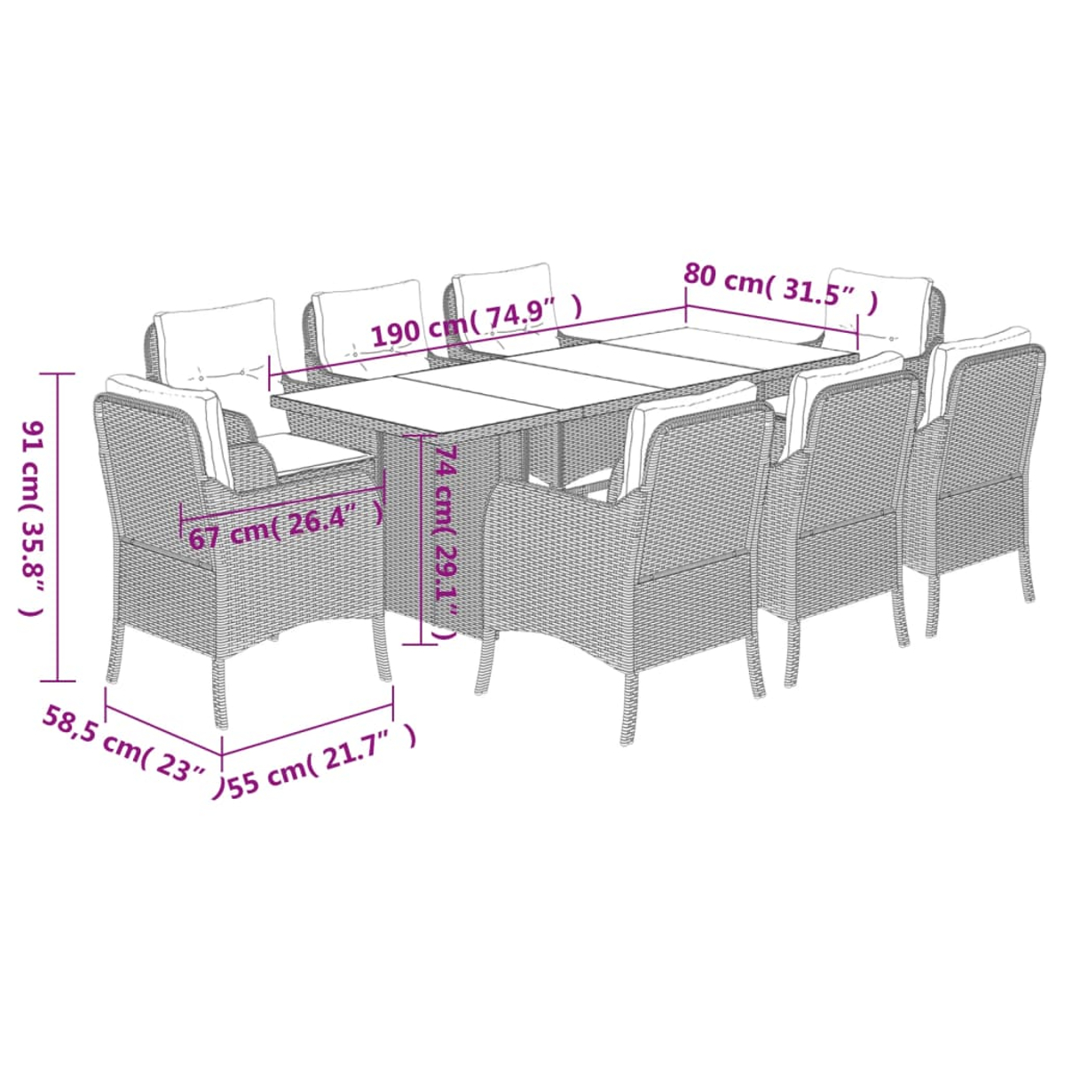 Diagramm eines Tisches und acht Stühlen, mit Abmessungen in cm und Zoll.