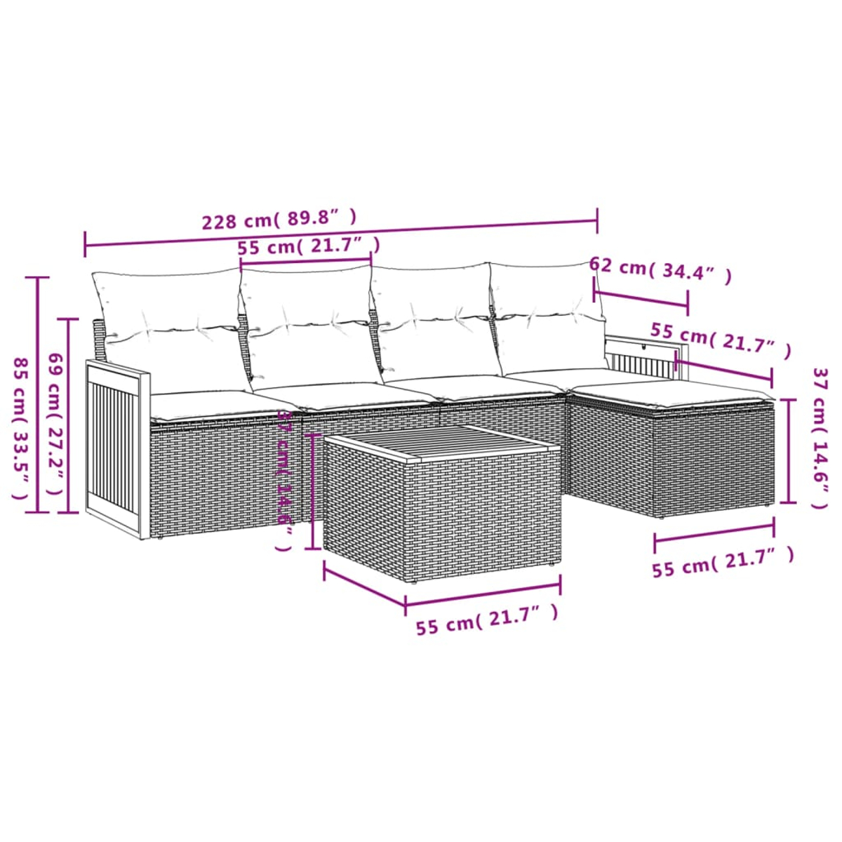 Ein Diagramm mit Maßen eines braunen Korbmöbels mit Tisch.