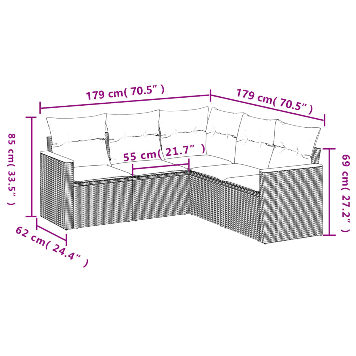 Diagramm eines Outdoor-Ecksofas aus Korbgeflecht mit Abmessungen in Zentimetern und Zoll. Weißer Hintergrund.