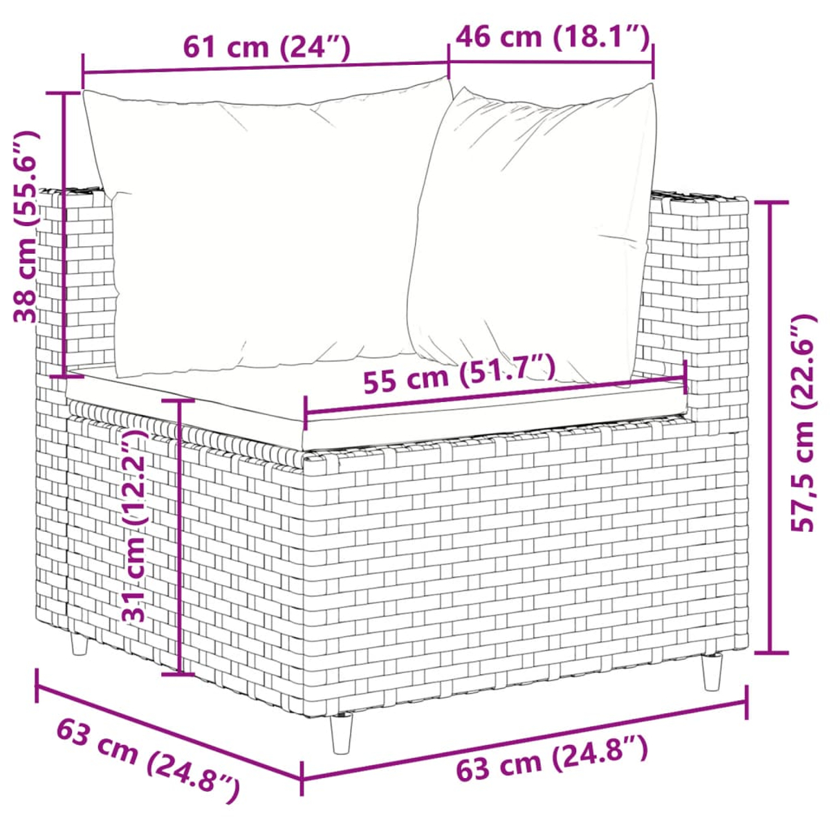 Diagramma bianco di una sedia in vimini con misure in centimetri e pollici.