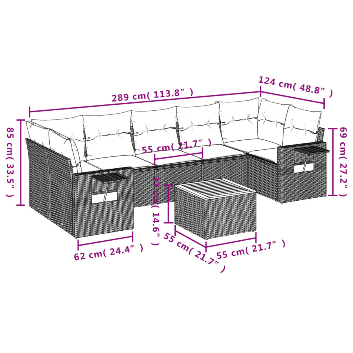 Diagramm eines großen Ecksofas aus Rattan mit Abmessungen und Beistelltisch, von oben gesehen.