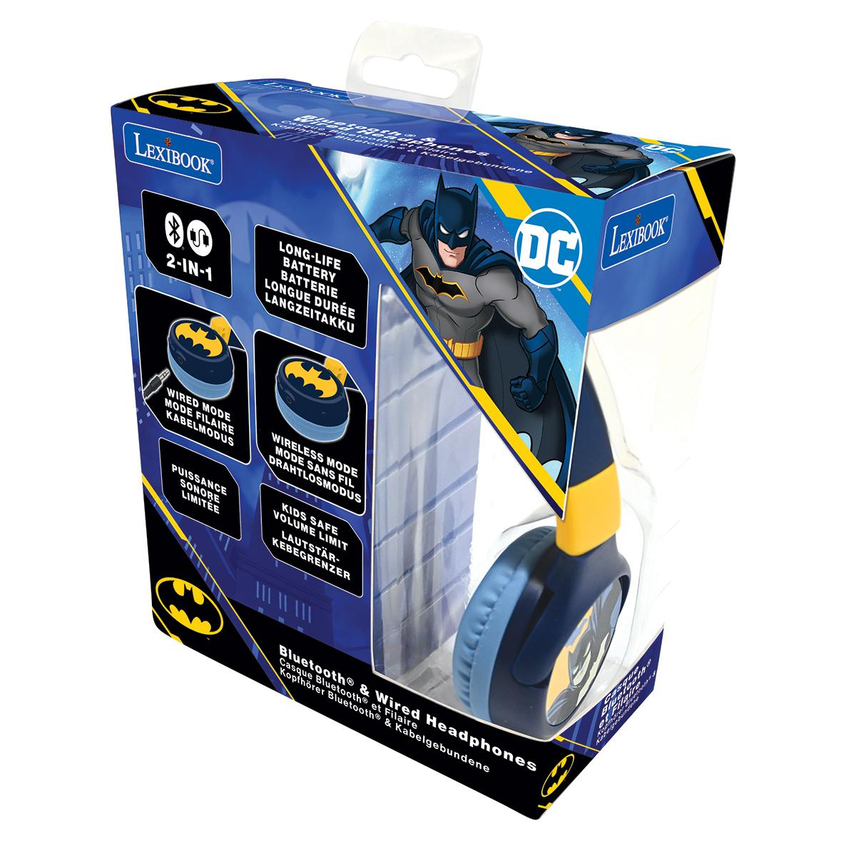 Cuffie Batman in una scatola. La scatola presenta i loghi Batman e Lexibook con informazioni sul prodotto.
