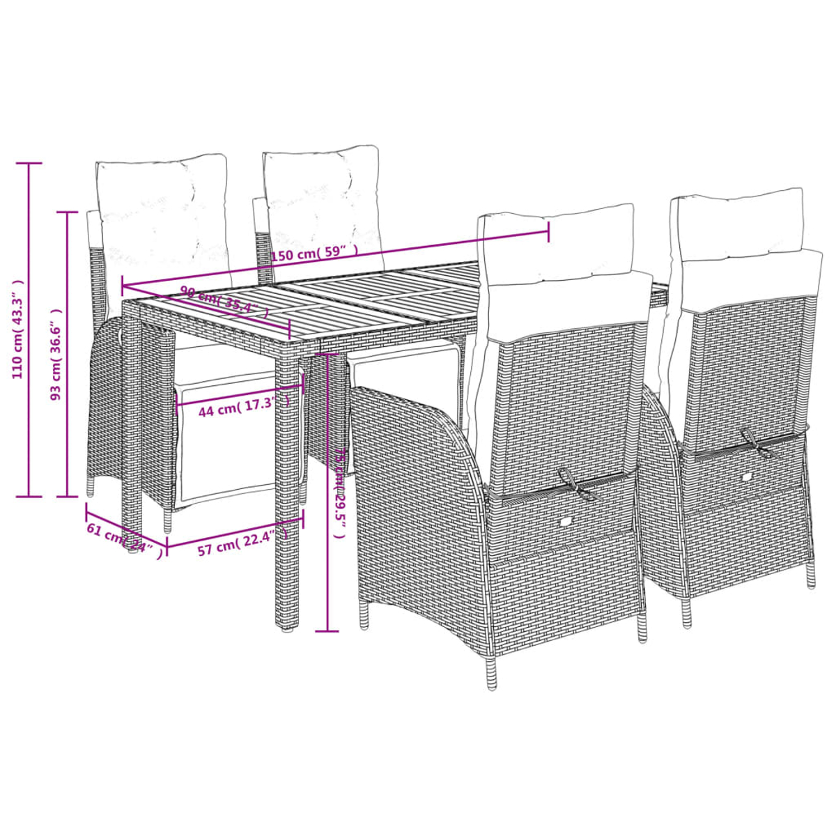 Un diagramma di un set da pranzo all'aperto. Include un tavolo e sei sedie con dimensioni.