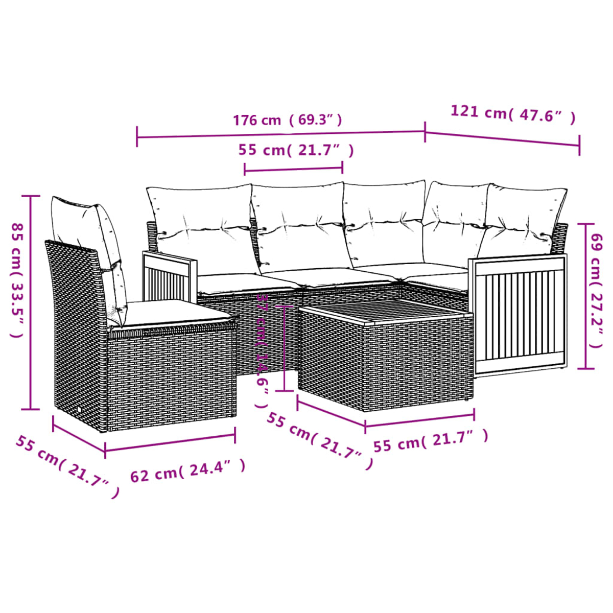 Ein Ecksofa mit angegebenen Abmessungen. Das Sofa hat einen Beistelltisch und weiße Kissen.