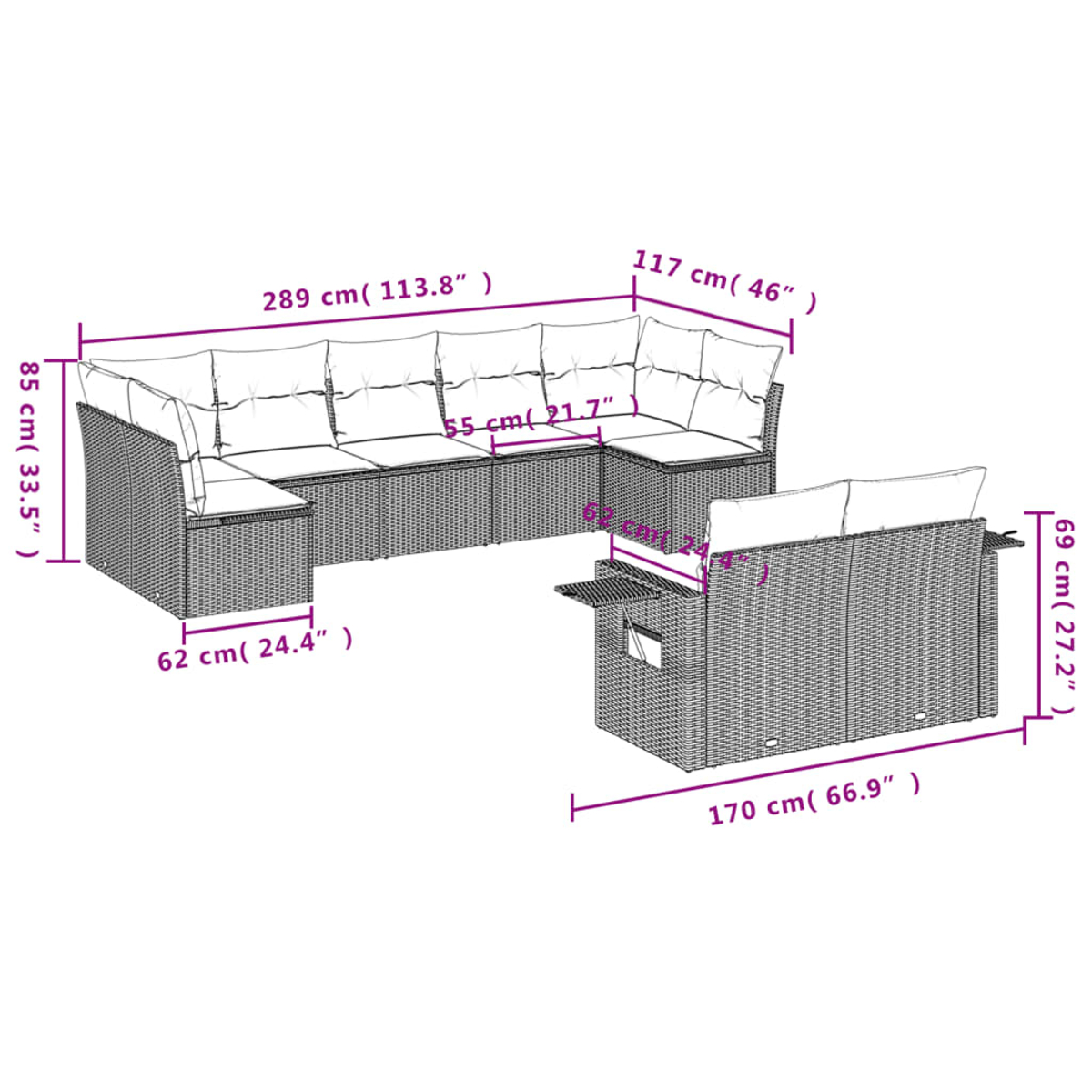 Graues Outdoor-Sofaset aus Korbgeflecht mit Abmessungen in cm, inkl. Tisch.