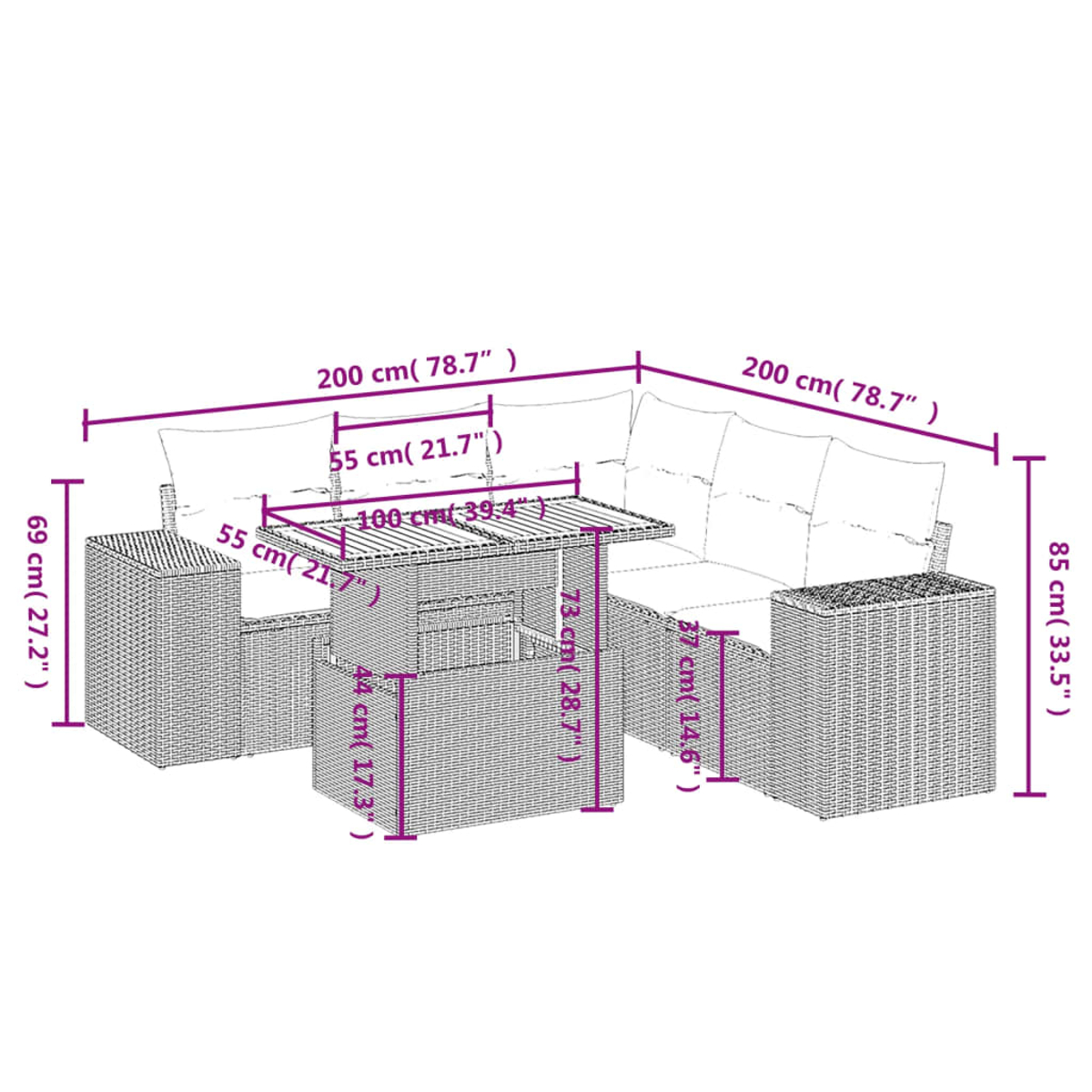 Ecksofa-Set aus Korbgeflecht mit Maßen, Tisch und Stühlen.