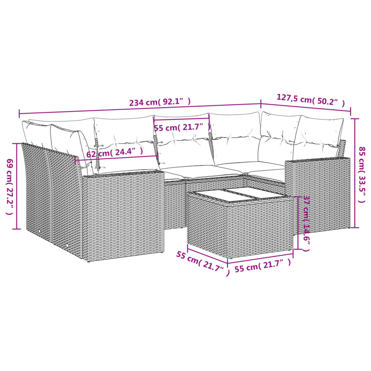 Diagramma di un divano componibile in rattan da esterno con dimensioni in centimetri. Include un tavolino e cuscini.