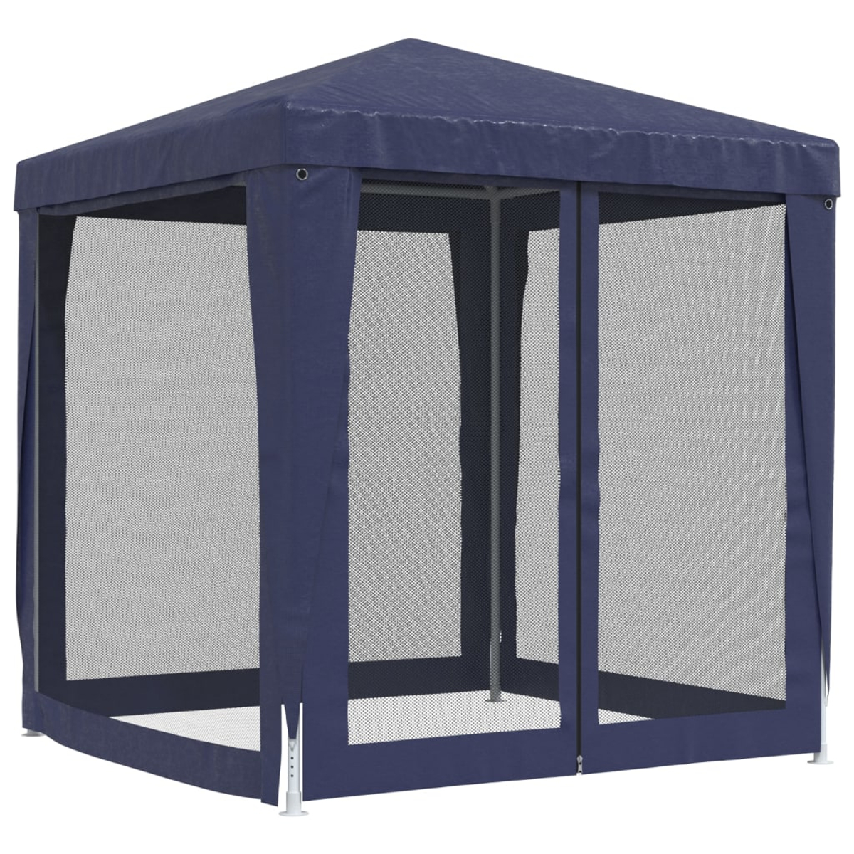Blauer Pavillon mit Mesh-Seitenwänden und einem Spitzdach, von vorne gesehen.