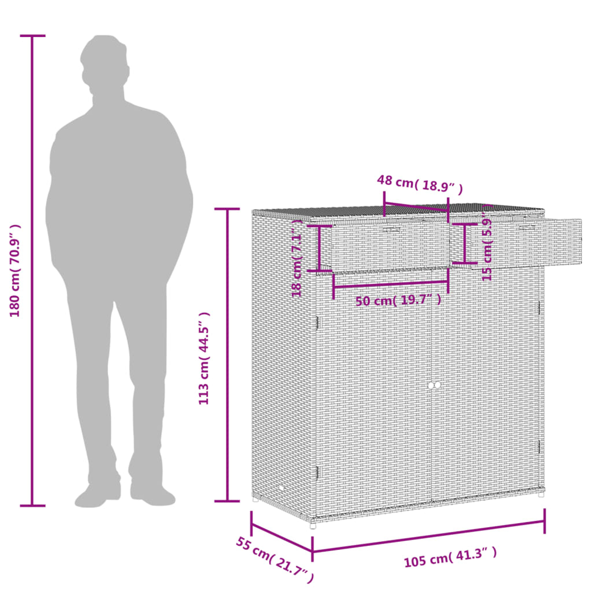 Diagramm eines Rattan-Aufbewahrungsschranks mit Maßen, mit einer Person.