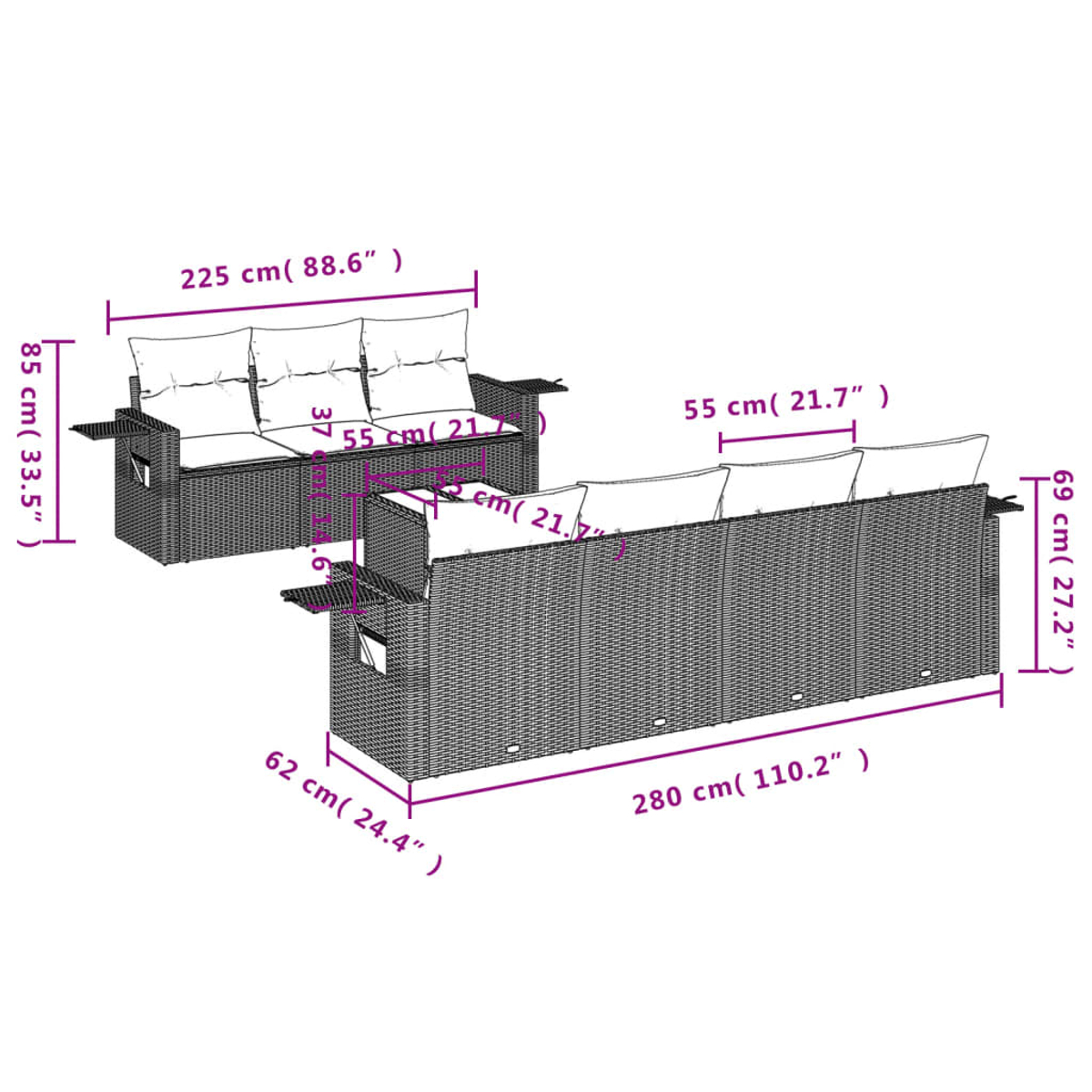Diagramma di un divano in rattan da esterno con dimensioni.