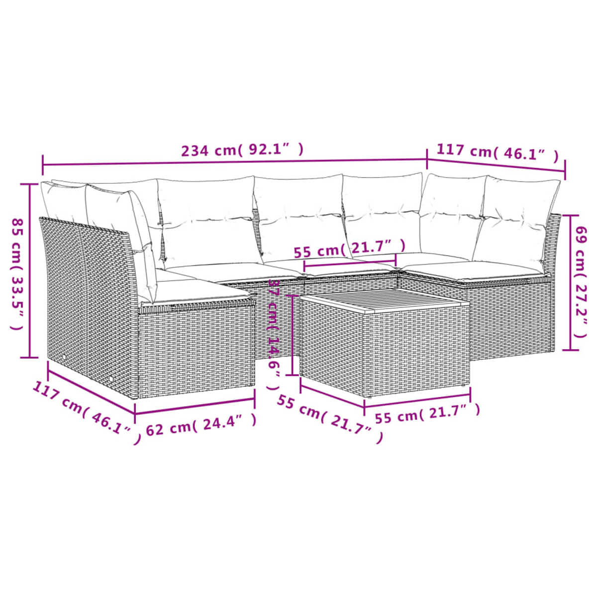 Geflochtenes Outdoor-Sofaset mit Kissen und einem Tisch, einschließlich eines L-förmigen Sofas.
