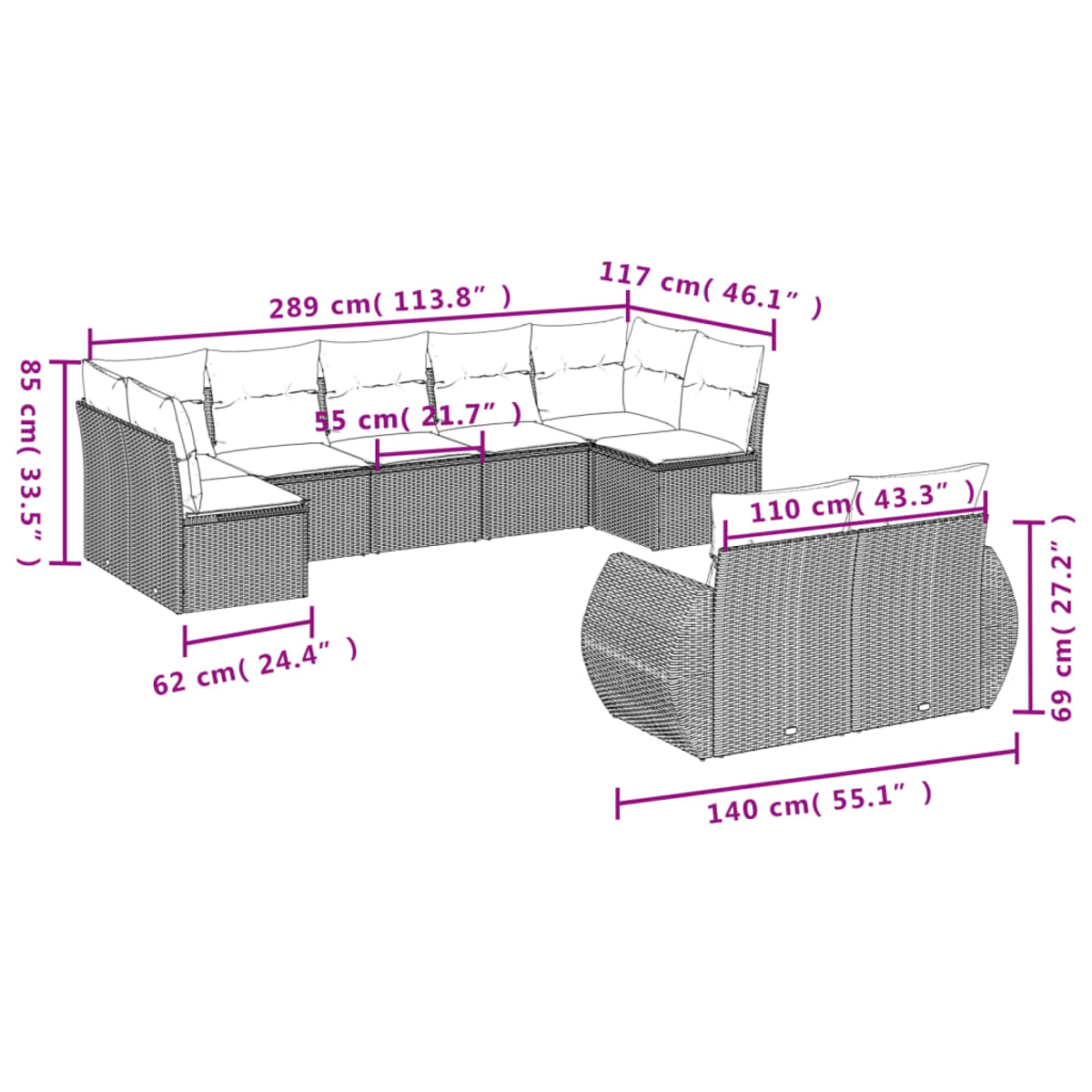 Ein großes Ecksofa für draußen mit beschrifteten Abmessungen. Weiße Kissen und ein gewebter Rahmen sind sichtbar.