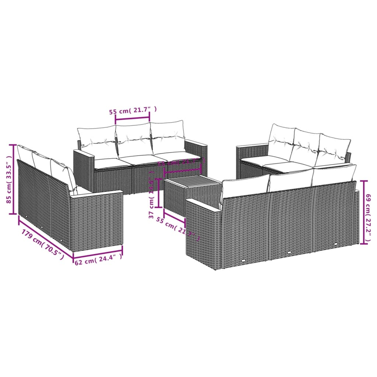 Ein graues Korbssofa-Set mit Abmessungen in cm. Enthält einen Tisch und zwei Stühle.