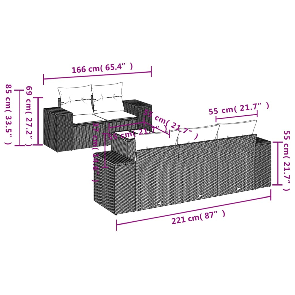 Diagramm eines Rattansofa-Sets mit in cm und Zoll angegebenen Abmessungen.
