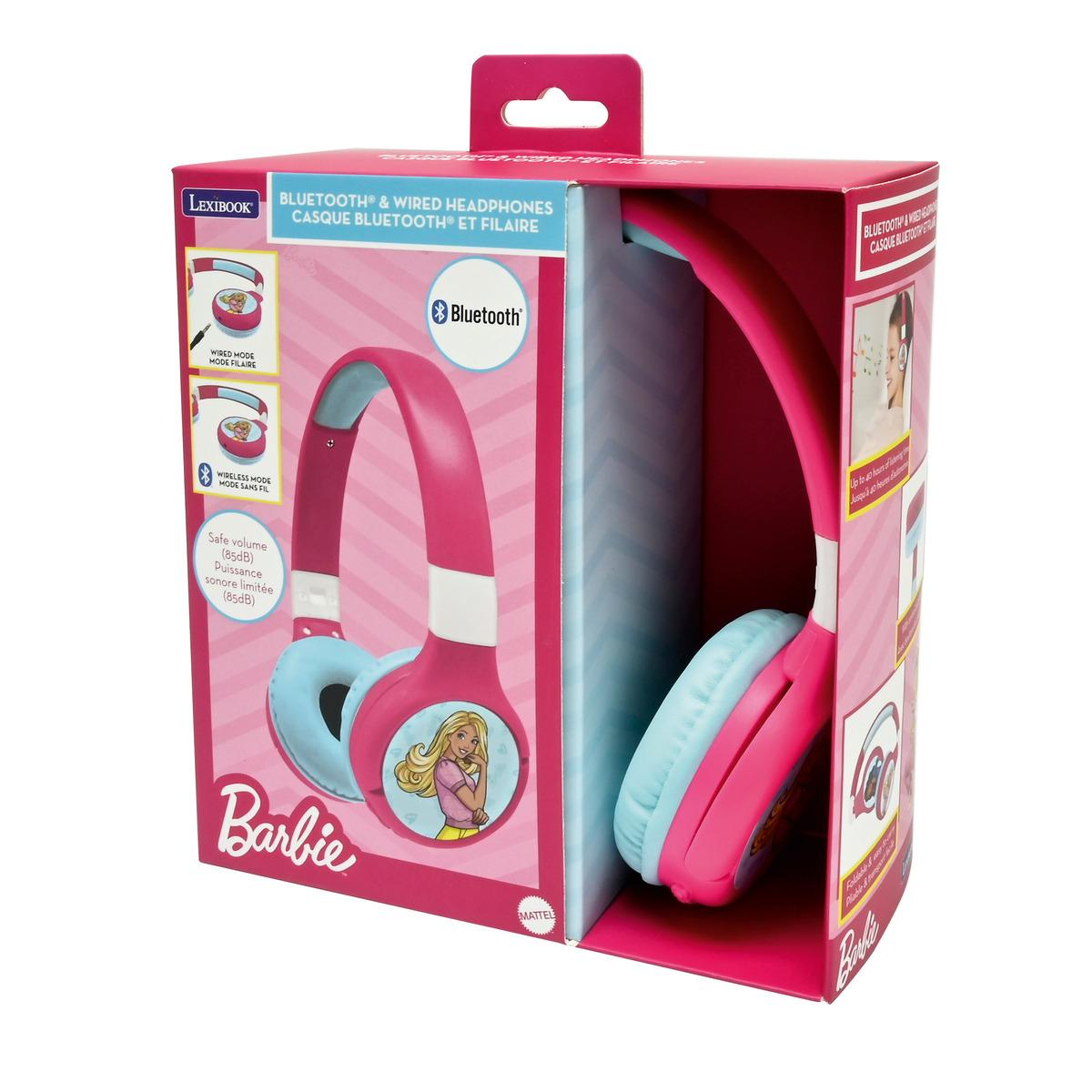 Auriculares Barbie rosas en una caja. Bluetooth activado. La parte frontal de la caja muestra el producto.