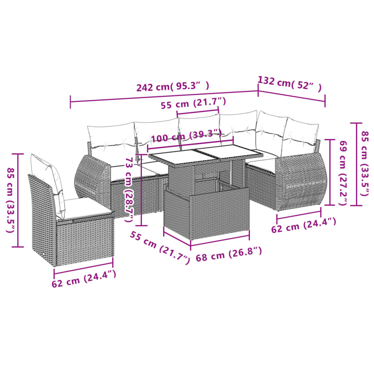 Geflochtenes Gartenmöbel-Set mit Maßen. Enthält Sofa, Stühle und einen Tisch. Weißer Hintergrund.