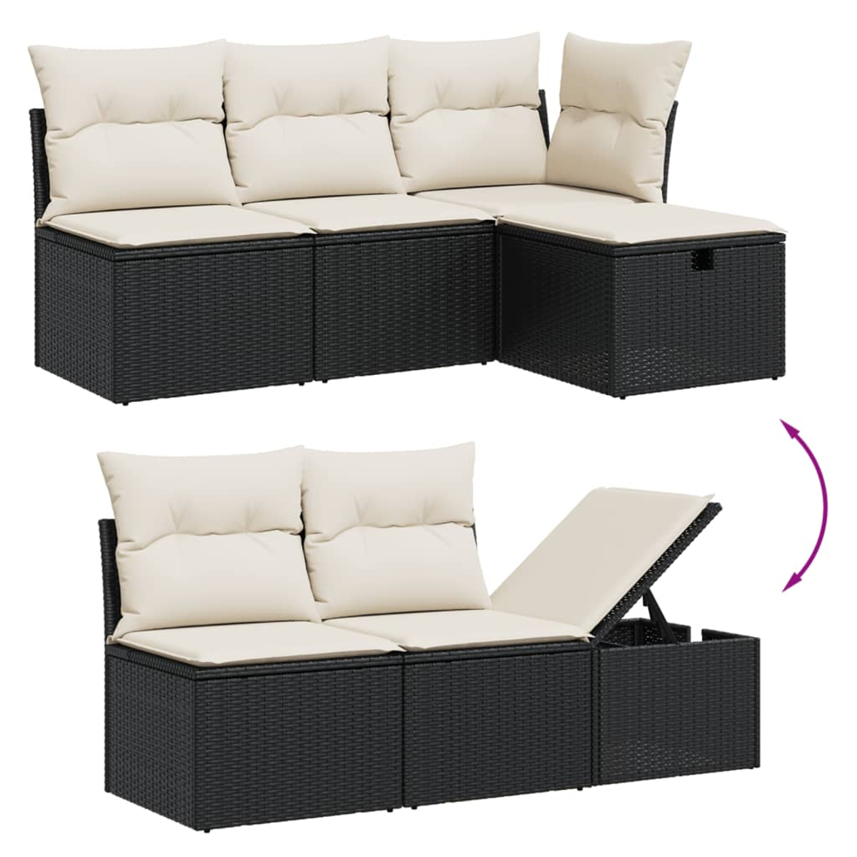 Ein schwarzes Ecksofa mit geöffnetem Deckel, der Stauraum zeigt.