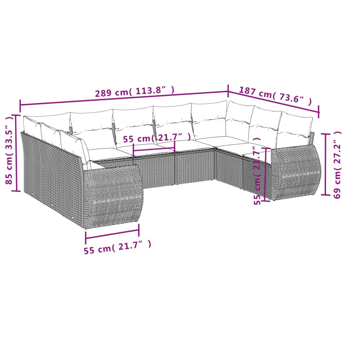 Graues Rattan-U-Sofa mit Kissen. Abmessungen sind sichtbar.