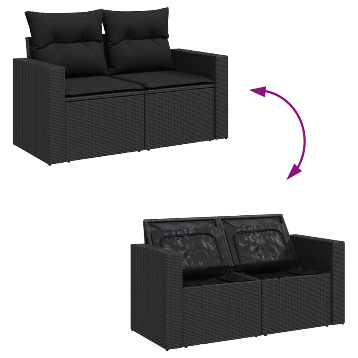 Ein schwarzes Rattan-Sofa mit Kissen verwandelt sich. Die Kissen und Sitze öffnen sich.