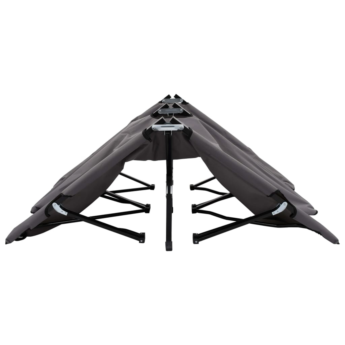 Ein grauer Outdoor-Pavillon. Das Dach besteht aus dem gleichen Material. Der Rahmen ist aus Metall und schwarz.