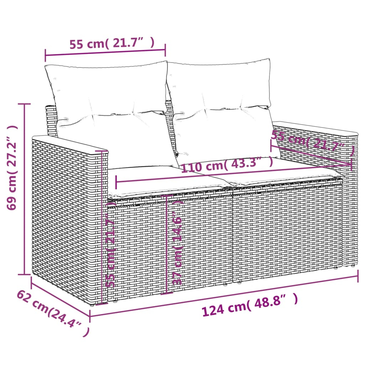 Diagramm eines zweisitzigen Outdoor-Korbsessels mit Abmessungen in Zentimetern und Zoll.