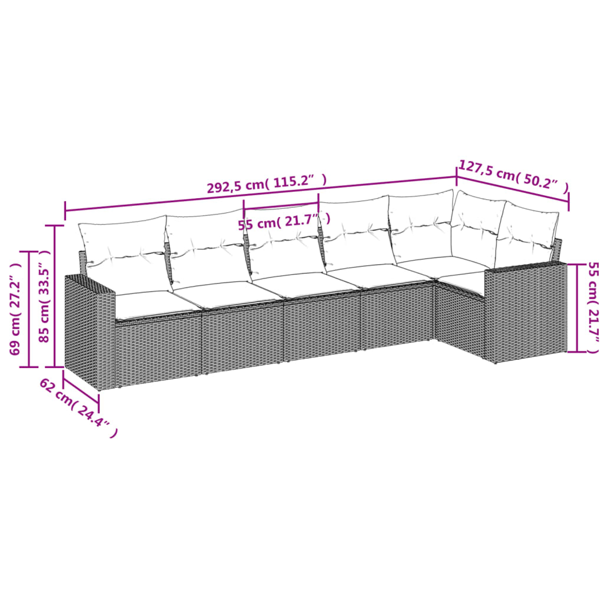Diagramm eines großen Outdoor-Korbsessels mit Abmessungen in Zentimetern und Zoll.