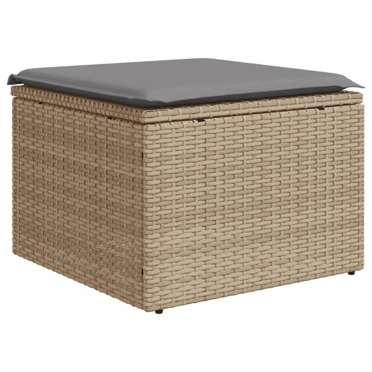 Eine quadratische, gewebte beige Aufbewahrungsbox mit einem grauen Kissen obenauf.