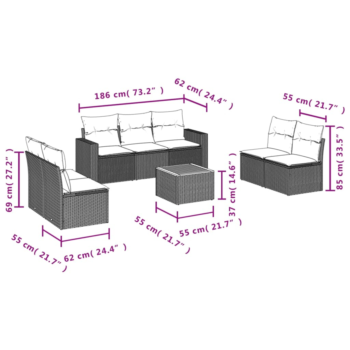 Geflochtenes Gartenmöbel-Set: Sofa, zwei Sessel und ein quadratischer Tisch, alle mit Maßangaben.