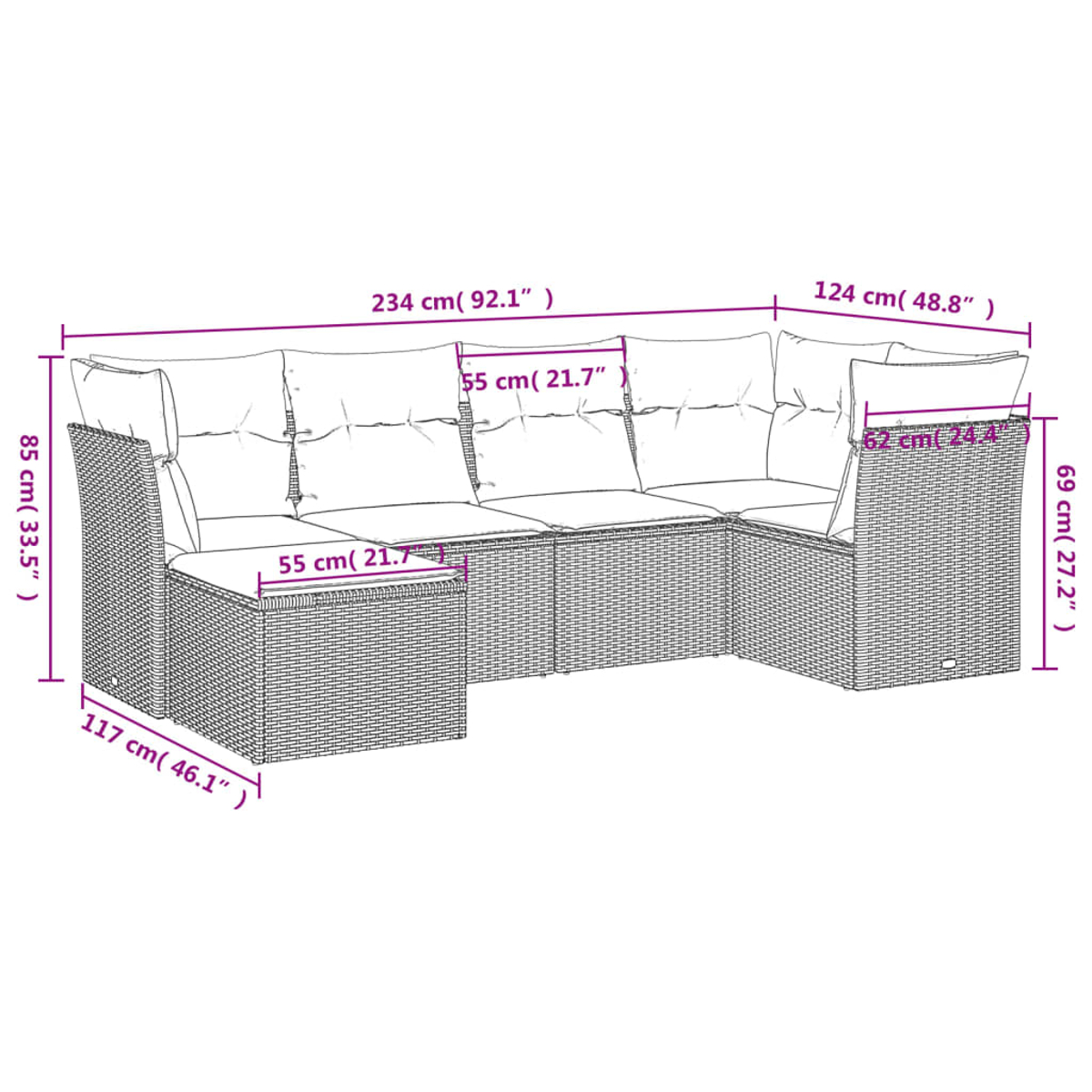 Diagramm eines großen Korbschnittsofas mit Abmessungen in Zentimetern und Zoll.