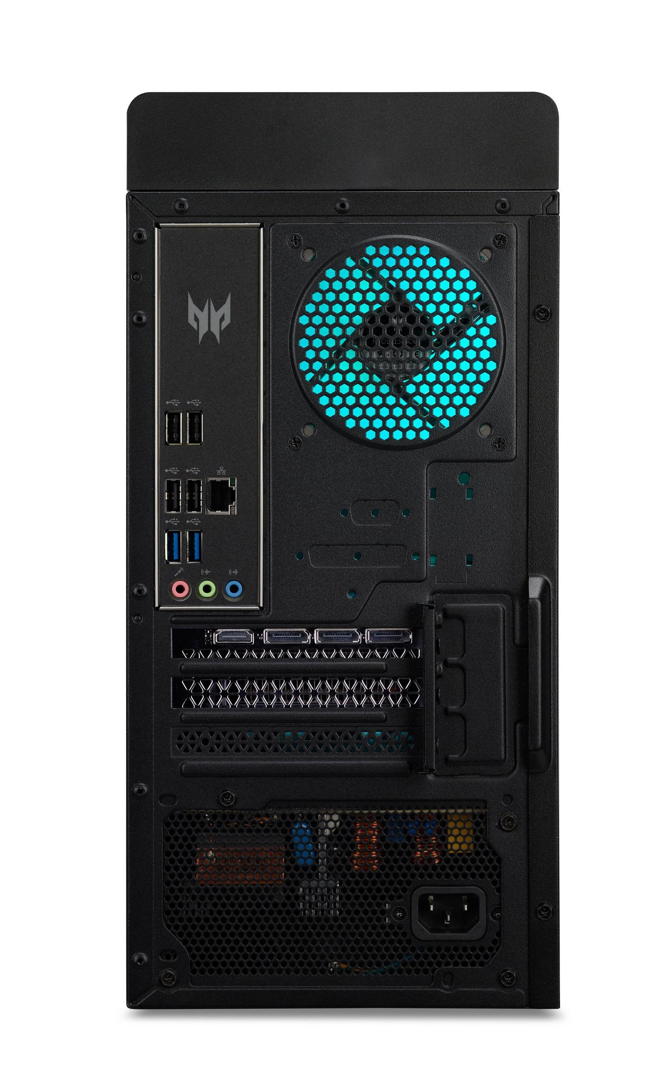 Die Rückseite eines schwarzen Computerturms mit Anschlüssen, Lüftungsschlitzen und einem blauen Lüfter, mit Logo.