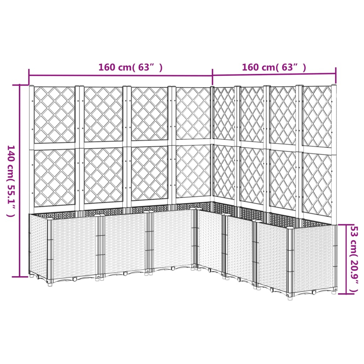 L-förmiger Outdoor-Sichtschutz mit Gitterdesign. Er ist in Weiß und Braun dargestellt.