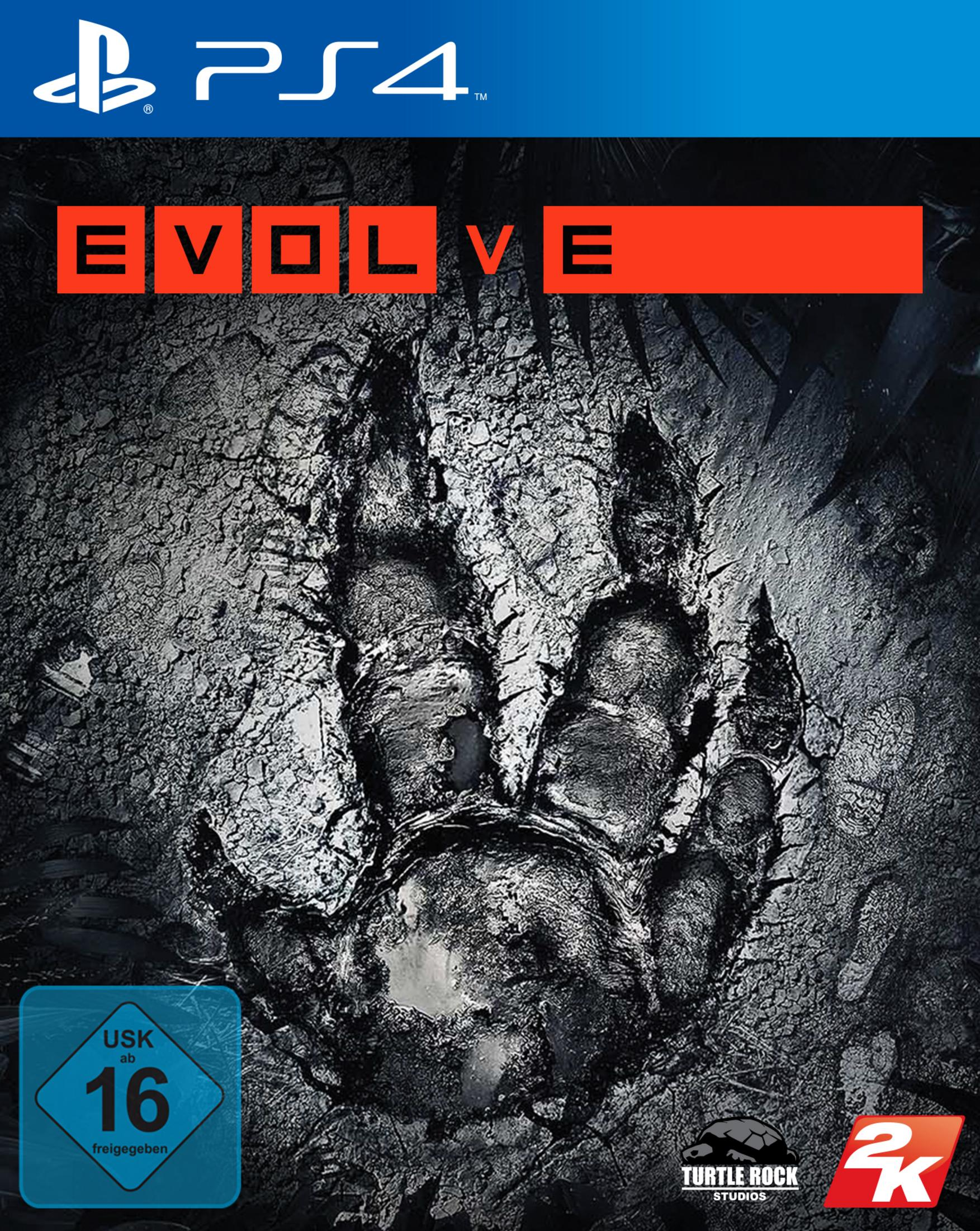PS4-Spielbox für 'Evolve'. Zeigt ein Fußabdruck-Bild mit Titel und Spielbewertung.