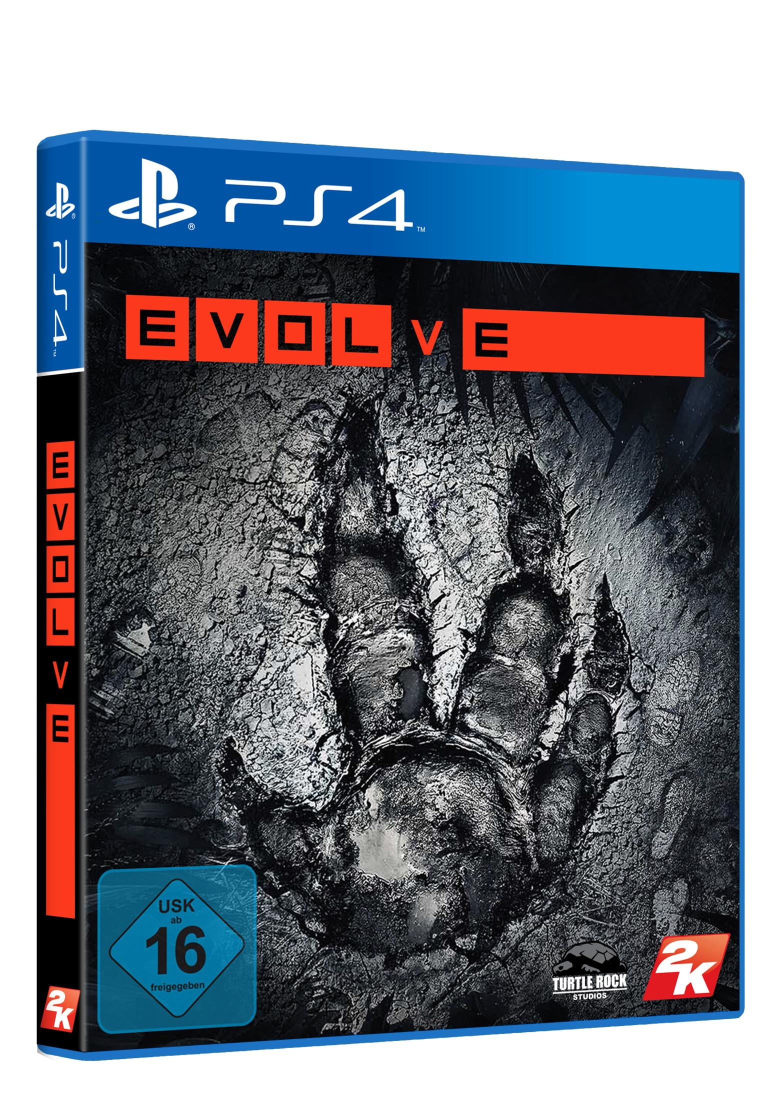 Evolve PS4-Spielhülle. Grauer Hintergrund mit großem Pfotenabdruck. Roter Evolve-Text.