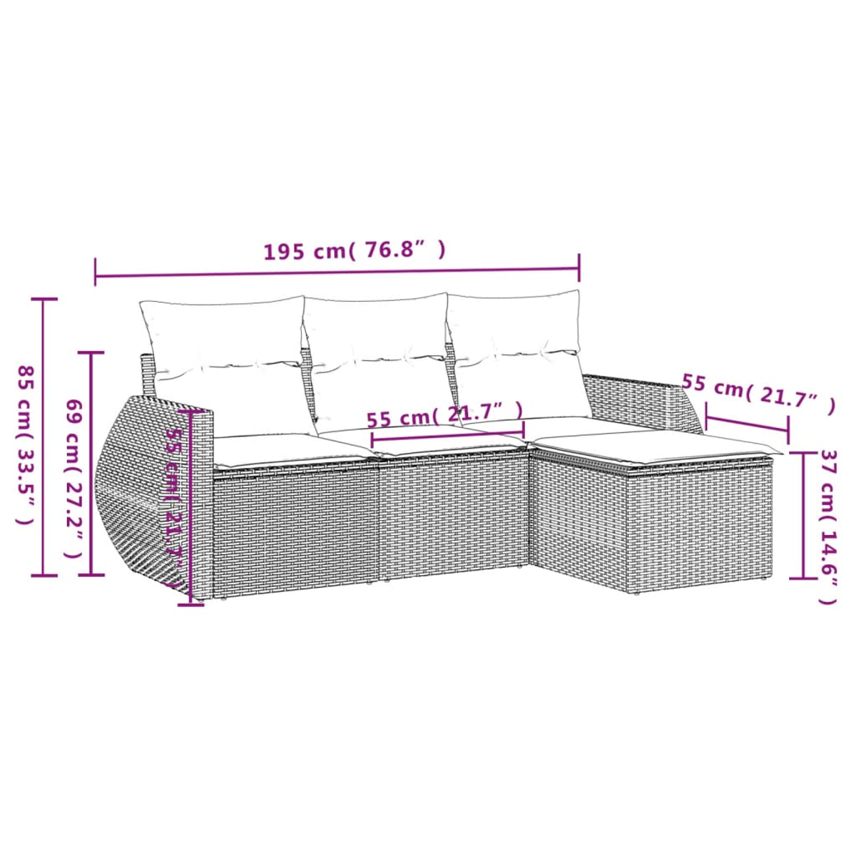Divano in rattan con dimensioni, 3 cuscini e un tavolino, su sfondo bianco.