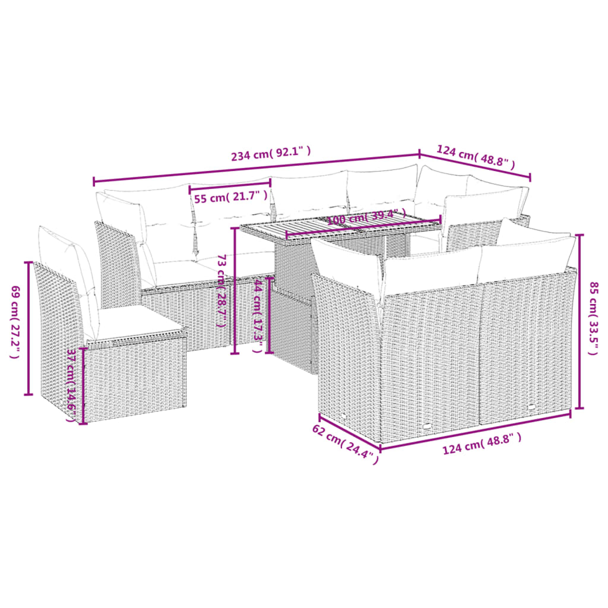 Diagramm eines Korbschnittsofas, Tisches und Stühlen mit Abmessungen in cm/Zoll.