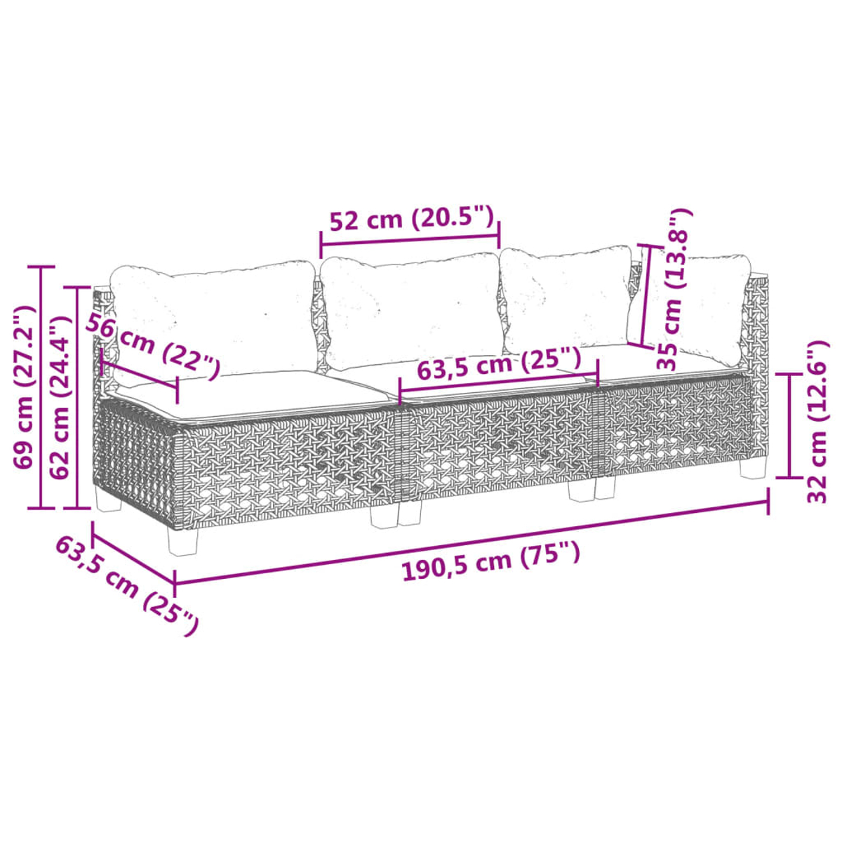 Diagramma di un divano in rattan con dimensioni in cm (pollici).
