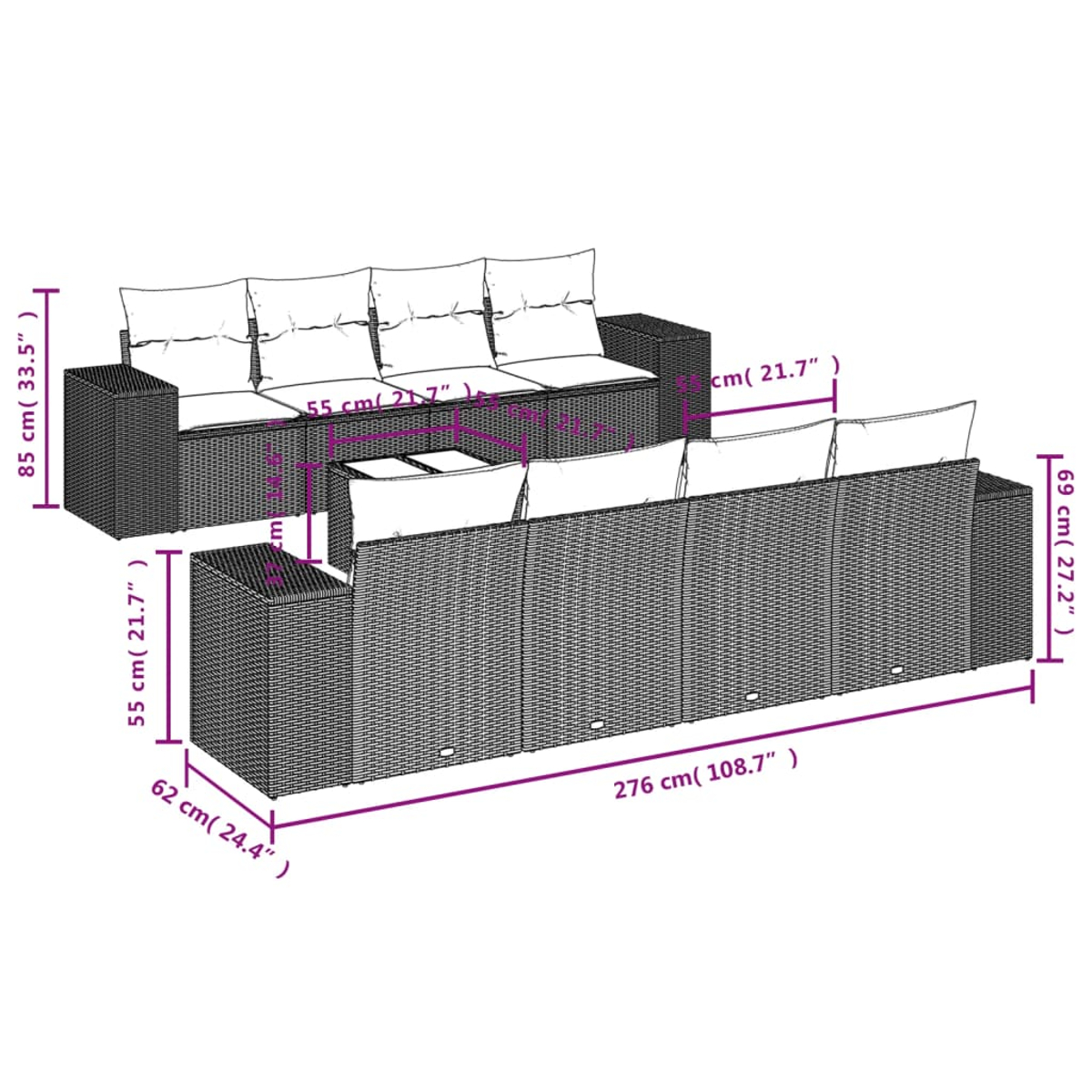 Diagramma di un grande set di divani in rattan con dimensioni in cm (pollici).
